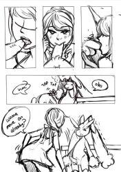 1boy1girl after_oral after_sex black_and_white comic cum_in_mouth dialogue hand_on_head lopunny nurse nurse_aurororora nurse_joy oral_sex pokemon pokemon_(species) pokephilia sketch swallowing_cum tagme