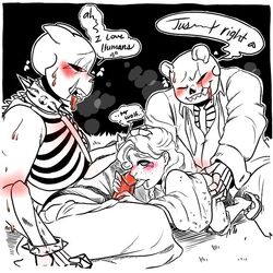 blowjob collar crying_with_eyes_open drooling fellatio female horns male male/female/male penetration penis red_penis sans sans_(underfell) sans_au skeleton spiked_collar spitroast undertale_au