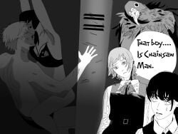 1boy 3girls artist_request chainsaw_man dark_background denji_(chainsaw_man) english_commentary fami_(chainsaw_man) fumiko_mifune_(chainsaw_man) greyscale guillotine_devil guillotine_devil_(chainsaw_man) highres locker mitaka_asa monochrome multiple_girls non-web_source sex surprised vaginal_penetration wide-eyed