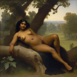 ai_generated belly black_hair bracelet breasts bushy_pubes closed_eyes curly_hair curvy dark-skinned_female earrings female indian_female lips long_hair lying_on_tree medium_breasts navel nipples nude presenting pubic_hair realistic seductive_look seductive_smile smile solo thick_thighs tree william_bouguereau