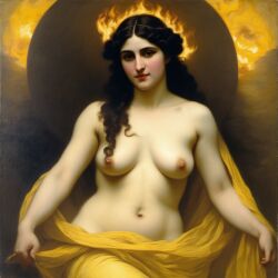 ai_generated belly black_eyes black_hair breasts burning curvaceous curvy female fire long_hair medium_breasts navel nipples pyrokinesis seductress topless william_bouguereau