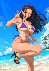 1girls ai_generated bare_arms bare_legs bare_shoulders bare_thighs beach big_breasts bikini bikini_bottom bikini_top black_hair blue_eyes blush clothed clothing color curvaceous curvaceous_body curves curvy curvy_body curvy_female curvy_figure female female_focus female_only geo-san hi_res hourglass_figure large_breasts light-skinned_female light_skin long_hair looking_at_viewer nico_robin one_piece sand sea shounen_jump solo solo_female sunglasses tagme thick_thighs voluptuous voluptuous_female water