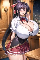 ai_generated akeno_himejima bare_legs black_hair gigantic_breasts hair_ornament high_school_dxd huge_breasts long_hair pink_eyes ponytail school_uniform teruisf thighs