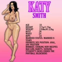 1girls 2021 big_breasts blacknwhitecomics breasts character_sheet cheating_wife female glasses gradient_background information_sheet katy_smith measurements pink_background solo solo_female stats teacher text thick_thighs uncensored wide_hips yair