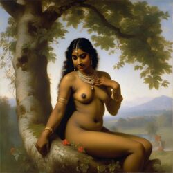 ai_generated belly black_hair bracelet breasts convenient_censoring curly_hair curvy dark-skinned_female earrings female indian_female lips long_hair medium_breasts navel nipples nude presenting realistic seductive_look seductive_smile smile solo thick_thighs tree william_bouguereau