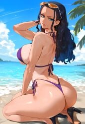 1girls ai_generated ass ass_focus back back_view bare_arms bare_legs bare_shoulders bare_thighs beach big_ass big_breasts big_butt bikini bikini_bottom bikini_top black_hair blue_eyes blush clothed clothing color curvaceous curvaceous_body curves curvy curvy_body curvy_female curvy_figure female female_focus female_only geo-san hi_res hourglass_figure large_breasts light-skinned_female light_skin long_hair looking_at_viewer nico_robin one_piece sand sea shounen_jump solo solo_female sunglasses sunglasses_on_head tagme thick_thighs voluptuous voluptuous_female water