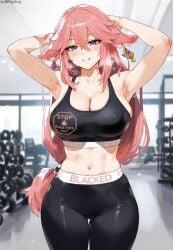 1girls after_workout ai_generated animal_ears armpits arms_up background belly blacked blacked_clothing blush breasts genshin_impact gym hair_ornament hi_res light-skinned_female partially_clothed pink_hair purple_eyes qos queen_of_spades standing sweat tagme tattoo thick_thighs truck_kun uncensored yae_miko