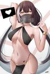 2024 belly belly_button big_breasts bra breasts brown_hair dancer dancer_outfit eroborne female female_only fully_clothed girls'_frontline harem_outfit heart-shaped_pupils hi_res hypnosis light-skinned_female light_skin looking_at_viewer mind_control mouth_veil navel orange_eyes revealing_clothes ro635_(girls'_frontline) simple_background skimpy_clothes smile standing veil