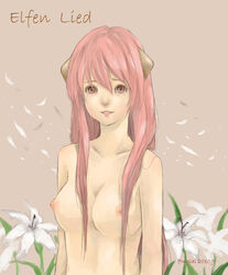 1girls artist_request bare_shoulders breasts crying drawn elfen_lied female female_only flower long_hair lucy_(elfen_lied) nipples nude petals pink_eyes pink_hair smile solo tagme tears