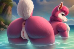 ai_generated alpaca anus ass ass_focus bedroom_eyes bent_over beverly_bottom bottom's_butte diplive7 fur llama outdoors partially_submerged pink_body pink_fur pink_hair pool presenting presenting_hindquarters pussy rear_view smile solo tail_lift vagina water