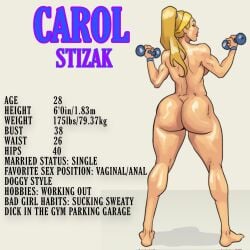 1girls 2021 back big_ass blacknwhitecomics blonde_hair carol_stizak character_sheet curvaceous curvy dat_ass dumbbell fat_ass female information_sheet measurements muscular ponytail solo stats sweatband text uncensored voluptuous wide_hips working_out yair