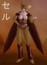 android bio-android_(dragon_ball) breasts breasts_out cell_(dragon_ball) dragon_ball dragon_ball_z female green_skin grin grinning_iguana heart kombucha large_breasts monster_girl nipples nude pale_skin perfect_cell pointing red_eyes rule_63 smooth_skin solo wings