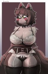 1girls anthro arm_under_breasts artist_signature big_breasts big_hips big_thighs blush brown_hair brown_tail busty cleavage clothes female_only front_view furry furry_only glasses gray_fur inner_ear_fluff legwear lingerie looking_away lustbirb mammal neckwear no_pants oc_only original original_character pantsless procyonid raccoon short_hair shoulder_tuft simple_background solo solo_female standing tail thighhighs three-quarter_portrait underwear white_border yellow_eyes