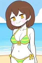 adorable ai_generated bangs beach beach_background big_breasts bikini blush breasts brown_hair chara chara_(undertale) cleavage female female_only looking_at_viewer medium_breasts pale_skin pink_cheeks pixai rosy_cheeks smile smiling_at_viewer solo solo_female striped_bikini undertale undertale_(series) yellow_eyes