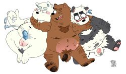 balls belly blush bodily_fluids cartoon_network cum cum_on_hand dildo ejaculation erection eyewear flaccid furry genital_fluids genitals glasses grizzly_(wbb) group hairy hi_res hug ice_bear male male/male panda_(wbb) penis sex_toy smile technical_incest tomnookusedjock toony trio we_bare_bears