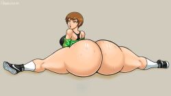 ass big_ass bottom_heavy bottomless brown_hair fat_ass flavorcream jacket nike_logo no_panties persona persona_4 satonaka_chie splits sports_bra sportswear sweat tomboy wide_hips