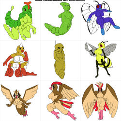 9girls avian beak beedrill bird black_eyes breasts butterfree caterpie claws cocoon color fangs female female_only flying ignatius_husky insect kakuna large_breasts metapod multi_arm multi_leg multi_limb multiple_girls nintendo nipples no_nipples nude pidgeot pidgeotto pidgey pokémon_(species) pokemon red_eyes spikes text weedle white_background wide_hips wings