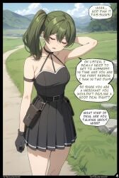 1girls ai_generated black_dress black_panties comic dress english_text gloves green_hair nyxworks page_4 page_number pleated_skirt scenery sousou_no_frieren standing ubel_(sousou_no_frieren) violet_eyes