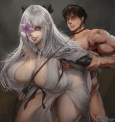 1boy 1girls breasts cfnm clawed_hands clothed_female_nude_male defeated defeated_male drag-on_dragoon drag-on_dragoon_3 female femdom flower flower_in_eyes fucked_from_behind leash leash_and_collar leg_grab long_hair male prosthetic_limb rape rellianart victorious victorious_female victory white_hair zero_(drag-on_dragoon) zero_(drakengard)