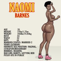 1girls 2021 ass big_ass blacknwhitecomics boots bottom_heavy character_sheet dark-skinned_female dark_skin dat_ass ear_piercing female huge_ass measurements naomi_barnes rainbow_bracelet solo solo_female stats text thick_thighs uncensored yair yuri