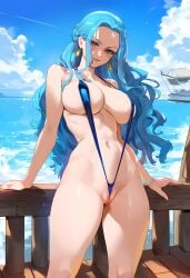 1girls ai_generated bare_arms bare_legs bare_shoulders bare_thighs big_breasts blue_eyes blue_hair blush clothed clothing color female female_focus female_only geo-san hi_res large_breasts light-skinned_female light_skin long_hair looking_at_viewer nefertari_vivi one-piece_swimsuit one_piece sea shounen_jump sling_bikini solo solo_female swimwear tagme thick_thighs water