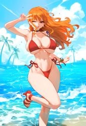 1girls ai_generated bare_arms bare_legs bare_shoulders bare_thighs beach big_breasts bikini bikini_bottom bikini_top blush clothed clothing color female female_focus female_only geo-san hi_res large_breasts light-skinned_female light_skin long_hair looking_at_viewer nami nami_(one_piece) one_piece orange_eyes orange_hair post-timeskip sand sea shounen_jump solo solo_female tagme tattoo thick_thighs water