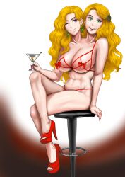 2_heads alcohol arasfwitch big_breasts blonde_female blonde_hair cocktail cocktail_glass conjoined conjoined_twins emily_and_lyanna_(emly) green_eyes high_heels human humanoid long_nails micro_bikini multi_head purple_eyes red_bikini red_high_heels siamese siamese_twins sitting thighs twins