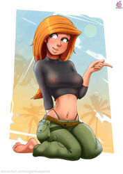 1girls black_panties cargo_pants crop_top disney female female_only green_eyes highleg_panties kim_possible kimberly_ann_possible kneeling long_hair medium_breasts midriff navel orange_hair panties pants shirt solo sugarlesspaints