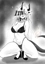 1boy 1girls 2024 arknights belly big_breasts bikini black_and_white blush bra breasts dragon_girl dragon_horns dragon_tail gladiusfon hi_res high_heels horns kneeling legs_apart long_hair reed_(arknights) skimpy_bikini spread_legs tail tongue