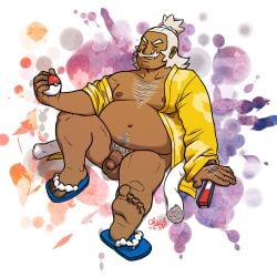 artist_request balls bara belly facial_hair fat fat_man flaccid hala_(pokemon) male male_only moustache muscles muscular nintendo overweight overweight_male pantsless penis pokemon sitting solo solo_male