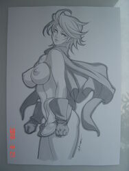 2010 breasts breasts_out daikon_(artist) dc female kara_zor-l karen_starr monochrome power_girl tagme