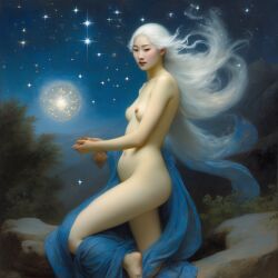 ai_generated asian_female belly breasts convenient_censoring curvy female lips long_hair navel nipples nude small_breasts solo star white_hair william_bouguereau