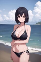 ai_generated beach bikini black black_bikini black_hair black_hair_female black_swimsuit black_swimwear kotone_shirakawa overflow_(series)