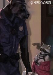 boner boner_in_pants boner_under_clothes breasts breasts_out digital_drawing_(artwork) erection furry furry_female furry_male furry_only harness no_sex oc original original_art original_artwork original_character original_characters pantera police police_officer police_uniform policeman raccoon raccoon_girl tax_evasion