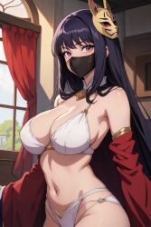 ai_generated anime_style black_mask dark_purple_hair elbow_sleeve high_waisted_thong light_pink_eyes long_hair looking_at_viewer mask masked_female medical_mask medium_breasts red_sleeves rimwalker white_bra white_lingerie white_thong