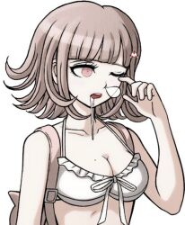 1girls artist_request big_breasts breasts danganronpa danganronpa_2:_goodbye_despair danganronpa_s:_ultimate_summer_camp drool drool_on_face drool_string drooling female_only mole mole_on_breast nanami_chiaki pink_eyes pink_hair short_hair sleepy sprite sprite_art sprite_edit tagme upper_body white_background white_bikini