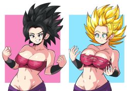 1girls big_breasts black_eyes black_hair blonde_hair breast_expansion breasts caulifla cleavage dragon_ball dragon_ball_(series) dragon_ball_super female female_only female_saiyan green_eyes growing_breasts medium_breasts nahzo power_up ripped_clothing solo super_saiyan super_saiyan_2 sweatdrop toei_animation transformation universe_6 universe_6/universe_7 universe_6_girls wardrobe_malfunction weekly_shonen_jump