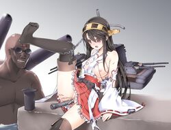 bald black_hair breasts brown_eyes clothing cum dark_skin grin haruna_(kantai_collection) insertion japanese_clothes kantai_collection kuro_(kuronell) long_hair nipples open_mouth personification pussy skirt smile sunglasses tears torn_clothes torpedo