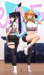 2girls aestheticc-meme black_hair breasts female female_only hi_res hololive hololive_dance_practice_uniform hololive_english hololive_english_-advent- hololive_myth huge_breasts large_breasts light-skinned_female light_skin long_hair multiple_girls naughty_face nerissa_ravencroft orange_hair red_eyes smile sportswear takanashi_kiara virtual_youtuber workout_clothes