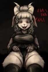 anon2000000 anthro black_background black_shirt black_thighhighs detailed furry goat_demon goat_lucifer_(helltaker) grabbing_thong helltaker laughing lucifer_(helltaker) painterly painting_(artwork) red_eyes thick_thighs thighhighs white_fur white_hair