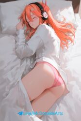 1girls ai_generated akame_ga_kill! ass ass_focus bed bedroom blush chelsea_(akame_ga_kill!) closed_eyes cute female female headphones in_bed long_hair orange_hair pink_panties sleeping white_shirt zelanell