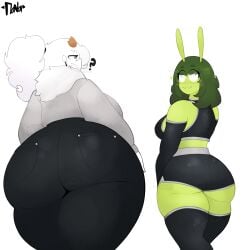 2girls alien alien_girl alien_humanoid ass big_ass big_breasts big_butt big_thighs breasts curvaceous curvaceous_figure deer deer_girl demon demon_girl demon_horns denim fit_female fitness green_hair green_skin heart hyper hyper_ass hyper_breasts hyper_butt jeans kay_(srnava) keltty_(srnava) milf mom_jeans mommy oc simple_background sports_bra sportswear srnava thick thick_ass thick_legs thick_thighs thighs white_body white_fur white_hair white_skin wide_hips