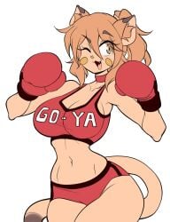 1girls big_breasts big_thighs boxing_gloves breasts brown_eyes choker cleavage clothing collar curvy eyebrows_visible_through_hair fang female female_only gloves goya_(lucyfercomic) long_tail lucyfercomic midriff one_eye_closed open_mouth original ponytail red_boxing_gloves red_choker red_clothing red_collar red_gloves red_shorts red_sports_bra shorts solo sports_bra sports_shorts sportswear tail text_on_clothing text_on_topwear thick thick_hips thick_thighs thighs tied_hair white_background wide_hips wink