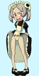 1girls apron bloody_marie blush colored colorized edit embarrassed embarrassed_nude_female female_only gray_hair jomokin maid maid_headdress maid_uniform no_panties open_mouth pussy red_eyes skirt_lift skullgirls