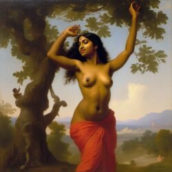 ai_generated belly black_hair bracelet breasts curly_hair curvy dancing dark-skinned_female earrings female indian_female lips long_hair medium_breasts navel nipples presenting realistic smile solo topless tree william_bouguereau