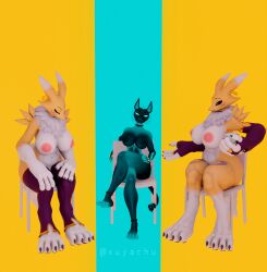 anthro bandai_namco breasts canid canid_demon canine canis cerberus_(fortnite) demon digimon digimon_(species) epic_games female fortnite fur group hair hellhound hi_res mammal mythological_canine mythological_creature mythology nintendo nipples nude pokemon renamon simple_background smile tail taomon trio xuyachu