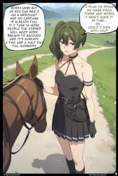 1animal 1girls ai_generated black_dress black_panties comic dress english_text female female_human front_view gloves green_hair horse looking_at_viewer nyxworks page_3 page_number pleated_skirt scenery sousou_no_frieren standing talking_to_viewer ubel_(sousou_no_frieren) violet_eyes