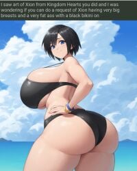 1girls ai_generated ass beach black_bikini black_hair boobs breasts bubble_butt busty female female_focus female_only hair huge_ass huge_breasts human isoai kingdom_hearts looking_back nai_diffusion request self_upload short_hair voluptuous xion