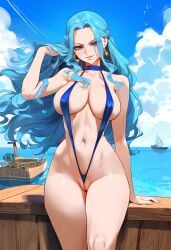 1girls ai_generated bare_arms bare_legs bare_shoulders bare_thighs big_breasts blue_eyes blue_hair blush clothed clothing color female female_focus female_only geo-san hi_res large_breasts light-skinned_female light_skin long_hair looking_at_viewer nefertari_vivi one-piece_swimsuit one_piece sea shounen_jump sling_bikini solo solo_female swimwear tagme thick_thighs water