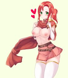 1girls bare_midriff bare_thighs belt breasts breasts_out female female_only fire_emblem fire_emblem:_new_mystery_of_the_emblem green_eyes heart large_breasts long_sleeves looking_at_viewer midriff miyako_(mongcocoa) nintendo nipples norne_(fire_emblem) ponytail red_hair scarf short_hair skindentation skirt smile solo thighhighs thighs yellow_background